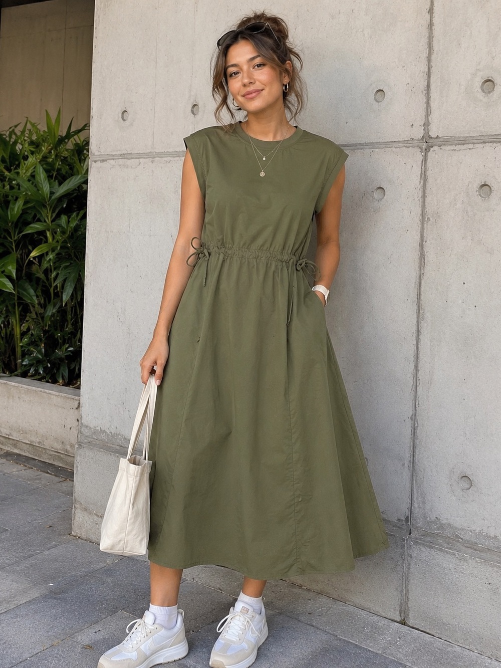 Sleeveless Olive Midi Dress with Drawstring Waist